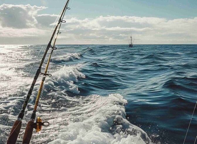 Canne à pêche en action depuis l'arrière du bateau, au large