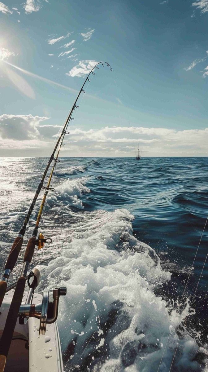 Canne à pêche en action depuis l'arrière du bateau, au large